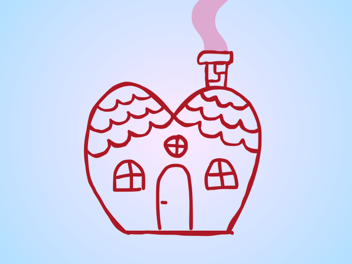 Illustration af et hjerteformet hus fyldt med varme og kærlighed